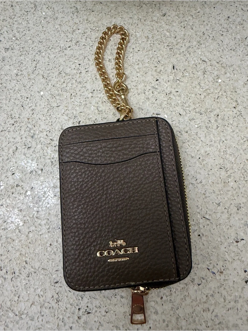 Coach Brown Pebbled Leather Card Holder with Gold Chain